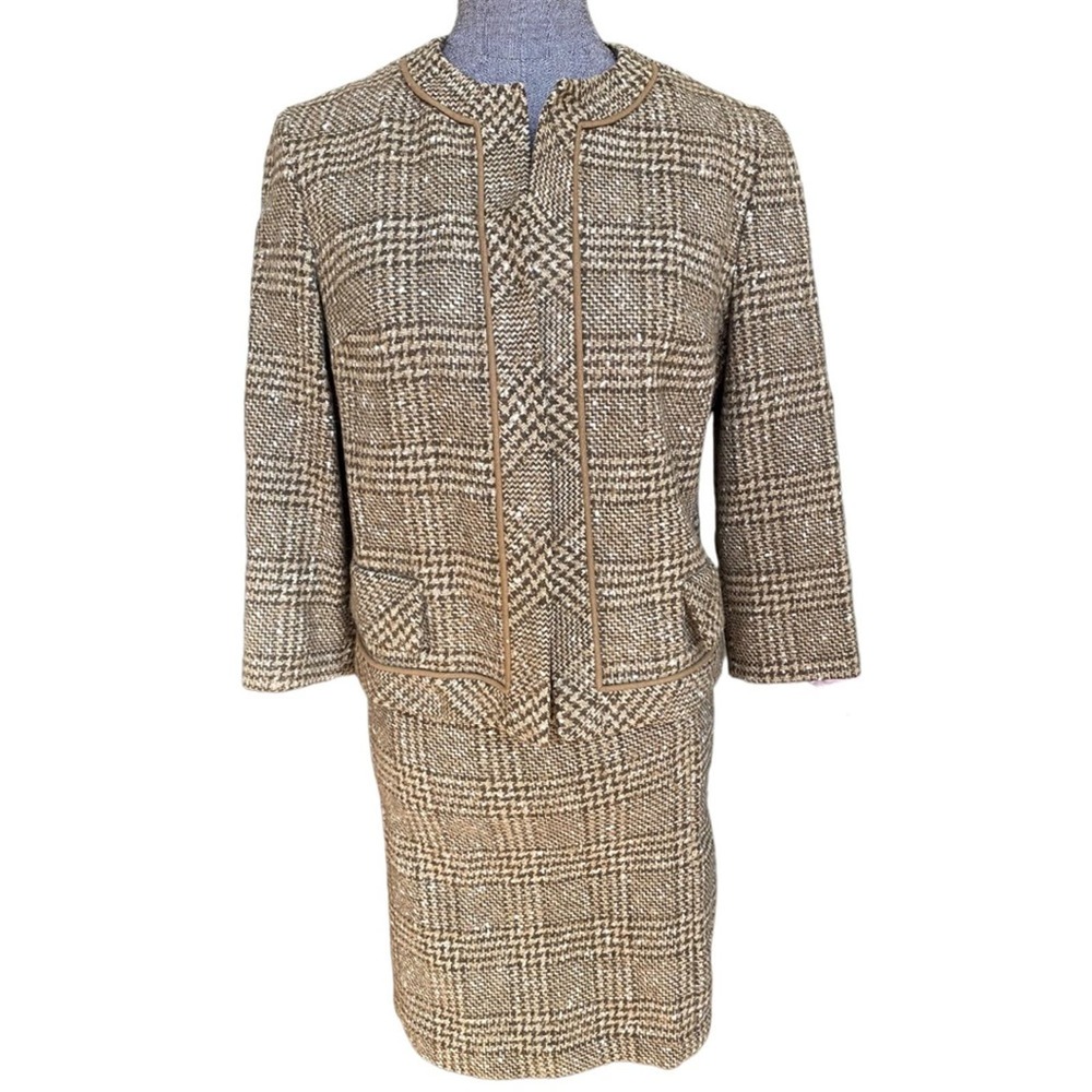 Pendleton Wool Suit Brown Tan Tweed Blazer Skirt‎ Vintage Size 12